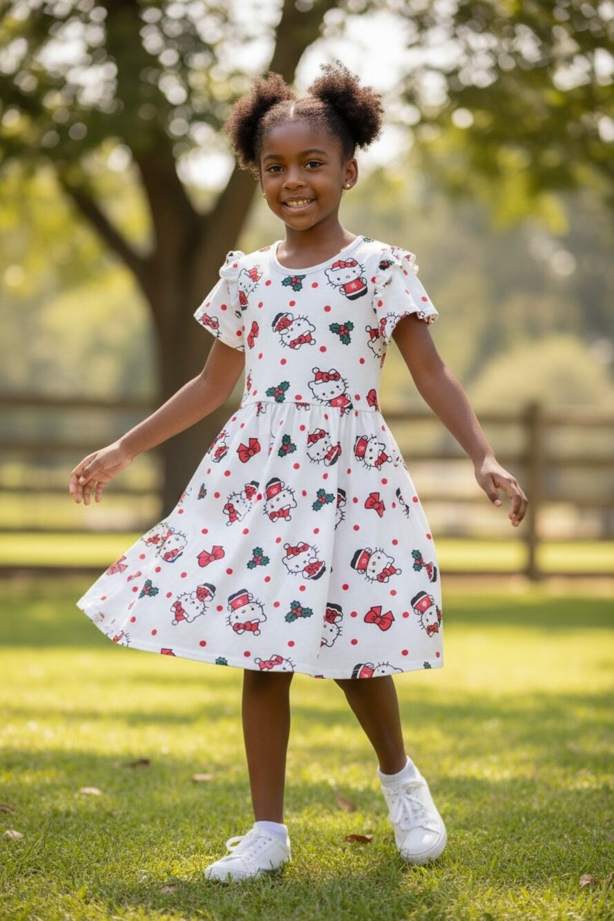 Hello Kitty Girls Christmas Dress Sanrio Sz 7/8 Med Casual Holiday Short Sleeve